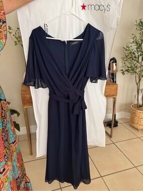 Polo by Ralph Lauren Navy Wrap Midi Dress with Flutter Sleeves